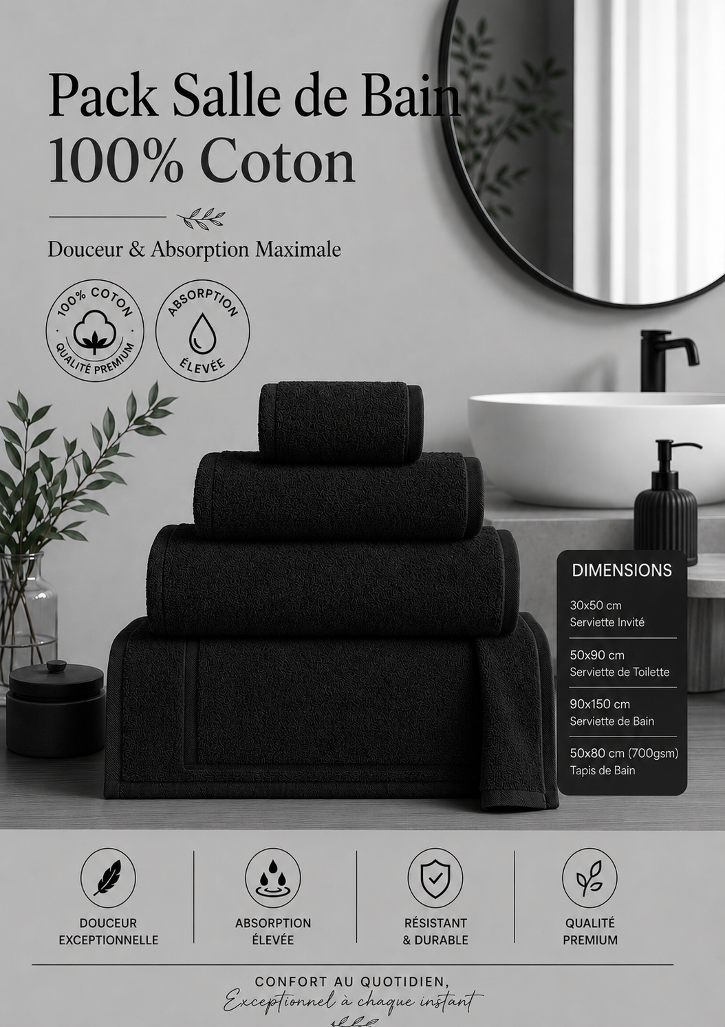 Pack Salle de Bain Luxe – 100% Coton Serviettes 30×50 1 Serviette 50×90 1 Drap de Bain 100×150 tapis de bain 50×80