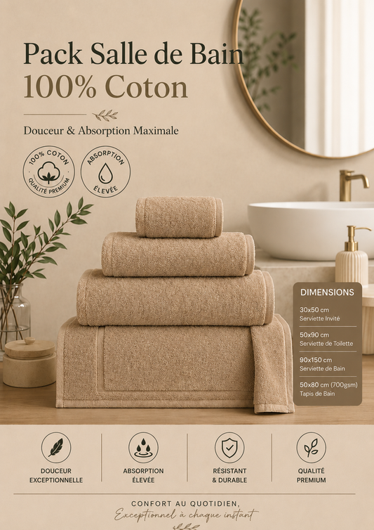 Pack Salle de Bain Luxe – 100% Coton Serviettes 30×50  1 Serviette 50×90 1 Drap de Bain 100×150  tapis de bain 50×80