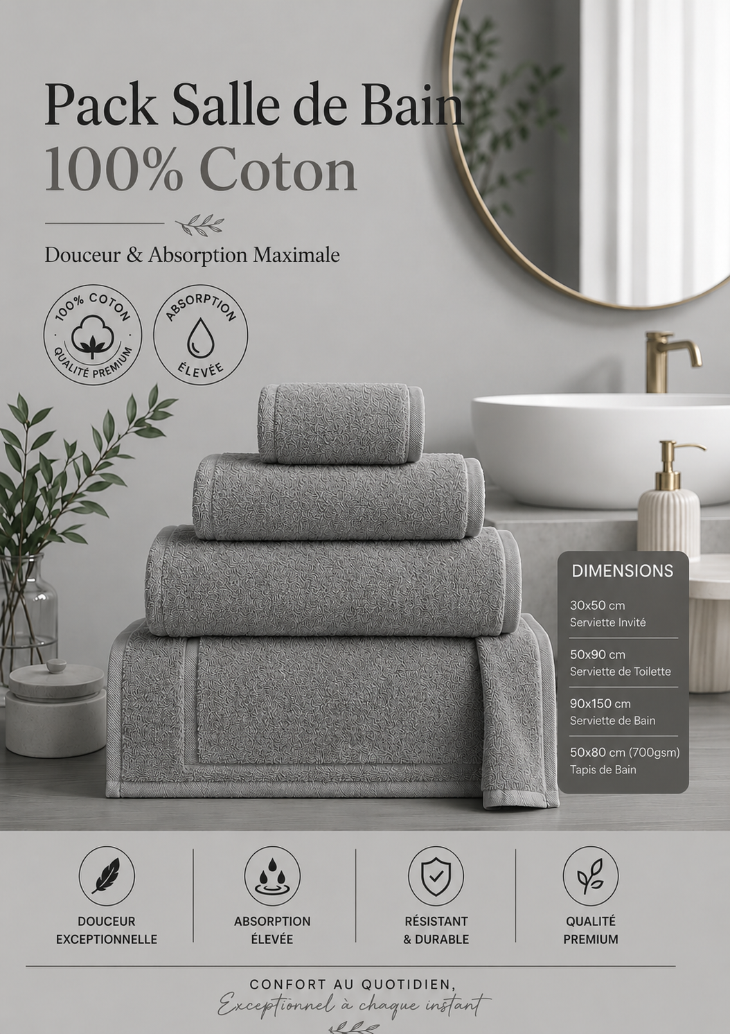 Pack Salle de Bain Luxe – 100% Coton Serviettes 30×50  1 Serviette 50×90 1 Drap de Bain 100×150  tapis de bain 50×80