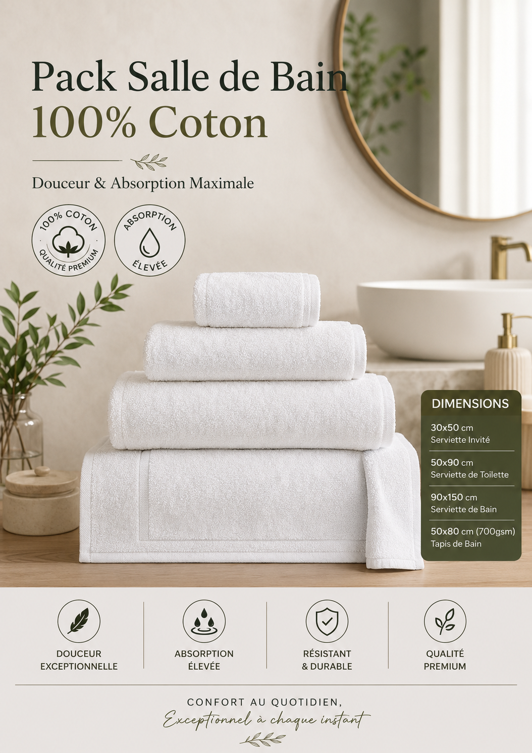 Pack Salle de Bain Luxe – 100% Coton Serviettes 30×50  1 Serviette 50×90 1 Drap de Bain 100×150  tapis de bain 50×80
